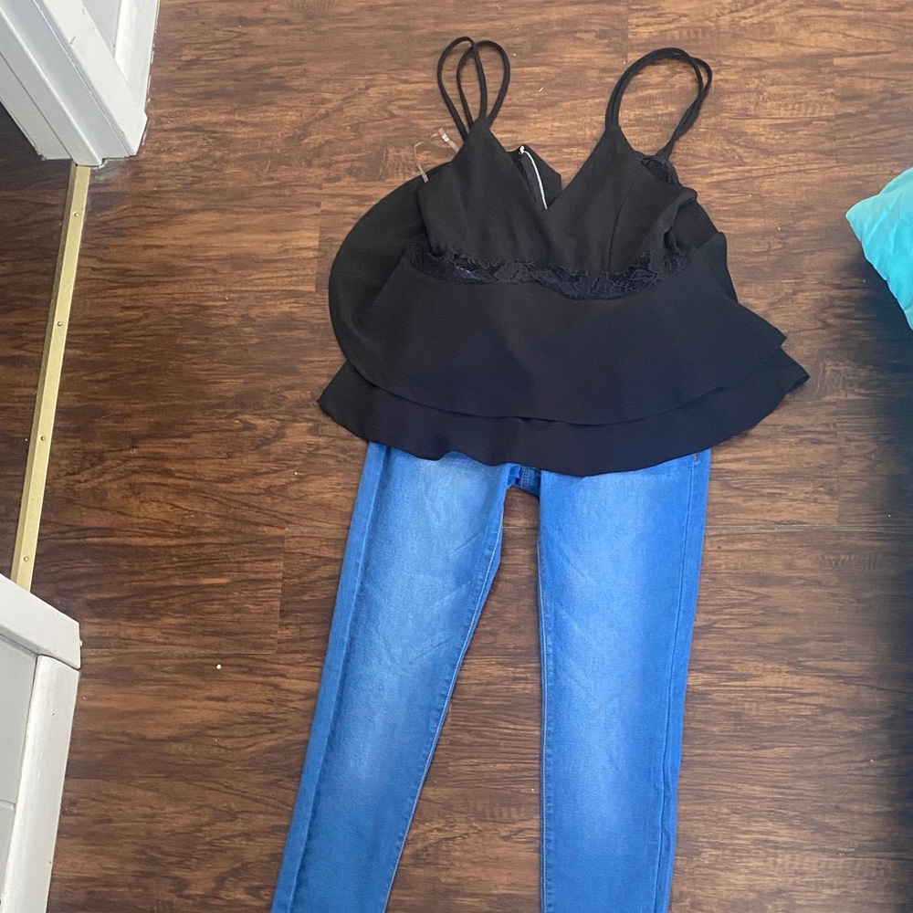 Black Layered Top and Blue Jeans Set